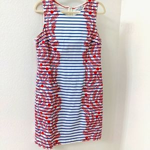 Boden Porto Blue Ivory Red Striped Sleeveless Dress Floral Size 10